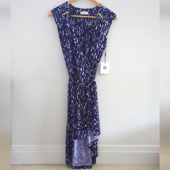 CALVIN KLEIN | Blue/Black/White Byzantine  Multi Stretch V-Neck Wrap Dre… - Picture 4 of 9